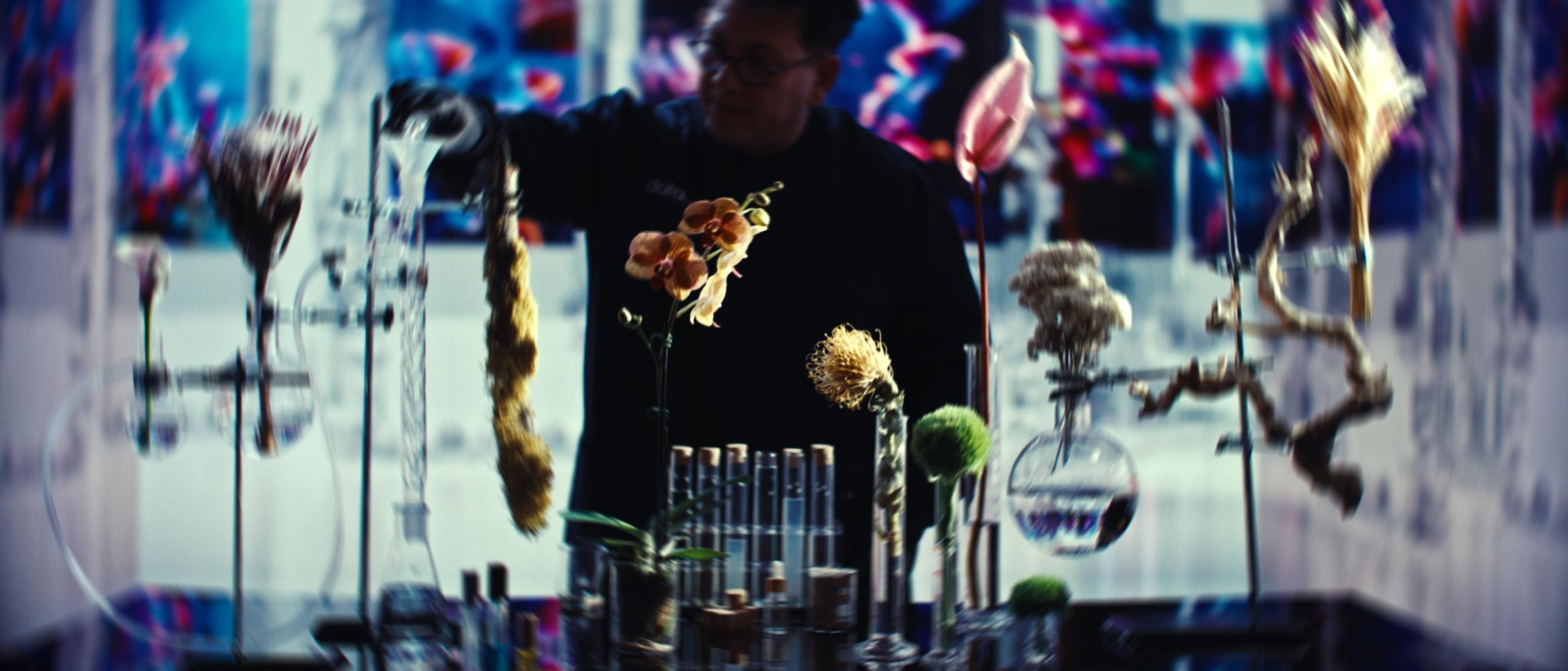 The Data.Scent botanical laboratory — specimens and vials before the Machine Dreams: Rainforest screens